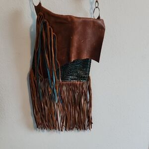 Brown and Teal Fringe Leather Top